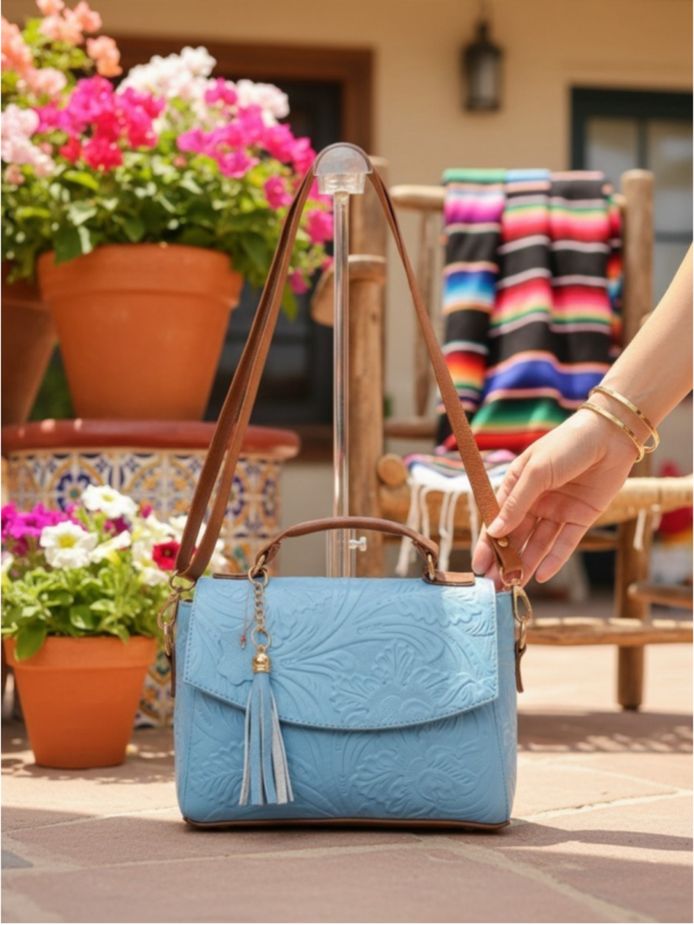 Sky Blue Cognac Brown Floral Embossed Tooled Artisan LEATHER Crossbody Purse